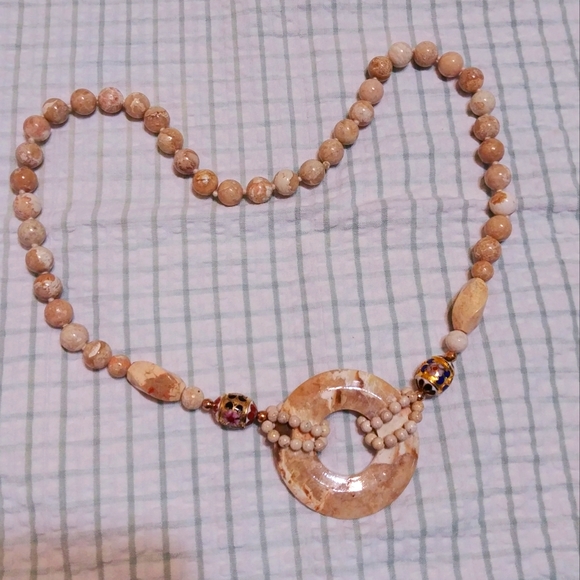 Vintage Custom Necklace. Stone Circle. Plastic beads. String. 2 Glass beads - Picture 2 of 5